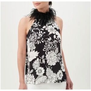 Trina Turk Grand Top black white sleeveless feathers large new NWT halter party